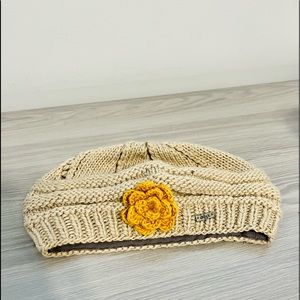 DeLux Knit Beanie Hat, Beige with Yellow Gold Flower, Wool